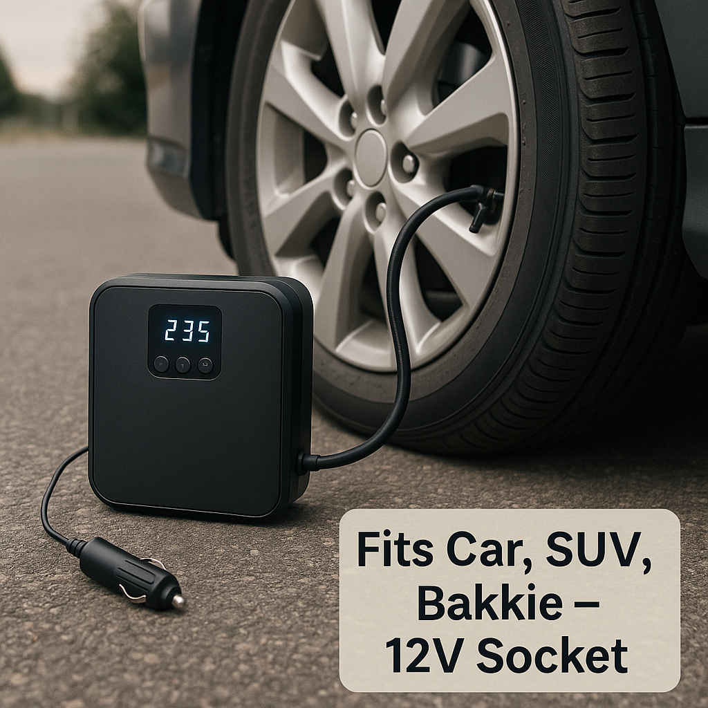 Portable 12V tire inflator compressor for car, SUV, and bakkie – digital gauge, plugs into cigarette lighter