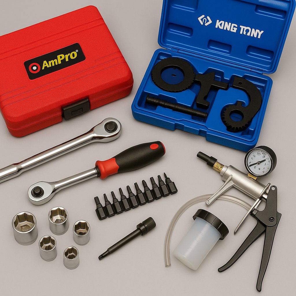Automotive and general workshop tools including screwdrivers, socket sets, ratchets, and specialty equipment like timing and brake bleeder kits – brands include AmPro, Autogear, King Tony