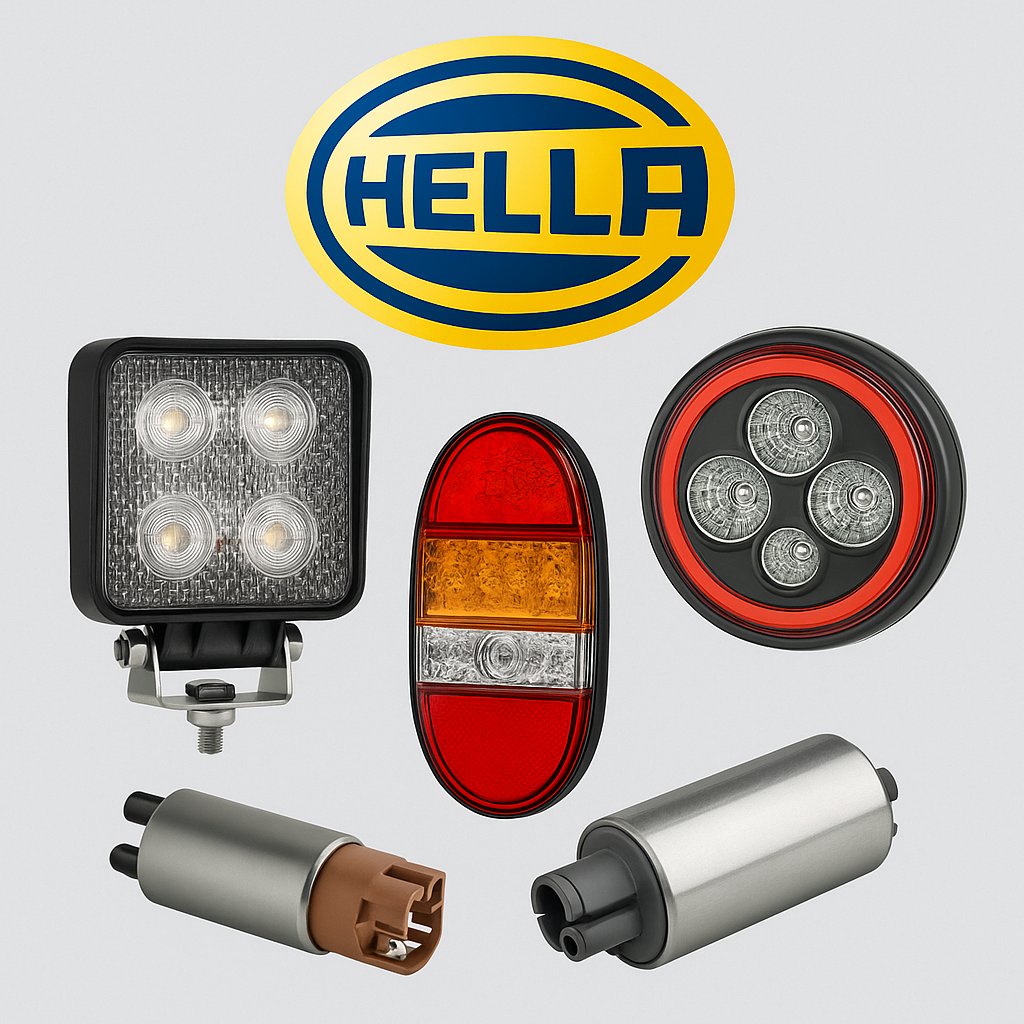 HELLA Automotive Parts – LED Spotlight, Tail Light, Circular Trailer Light, 7-Pin Plug and Fuel Pump Display
