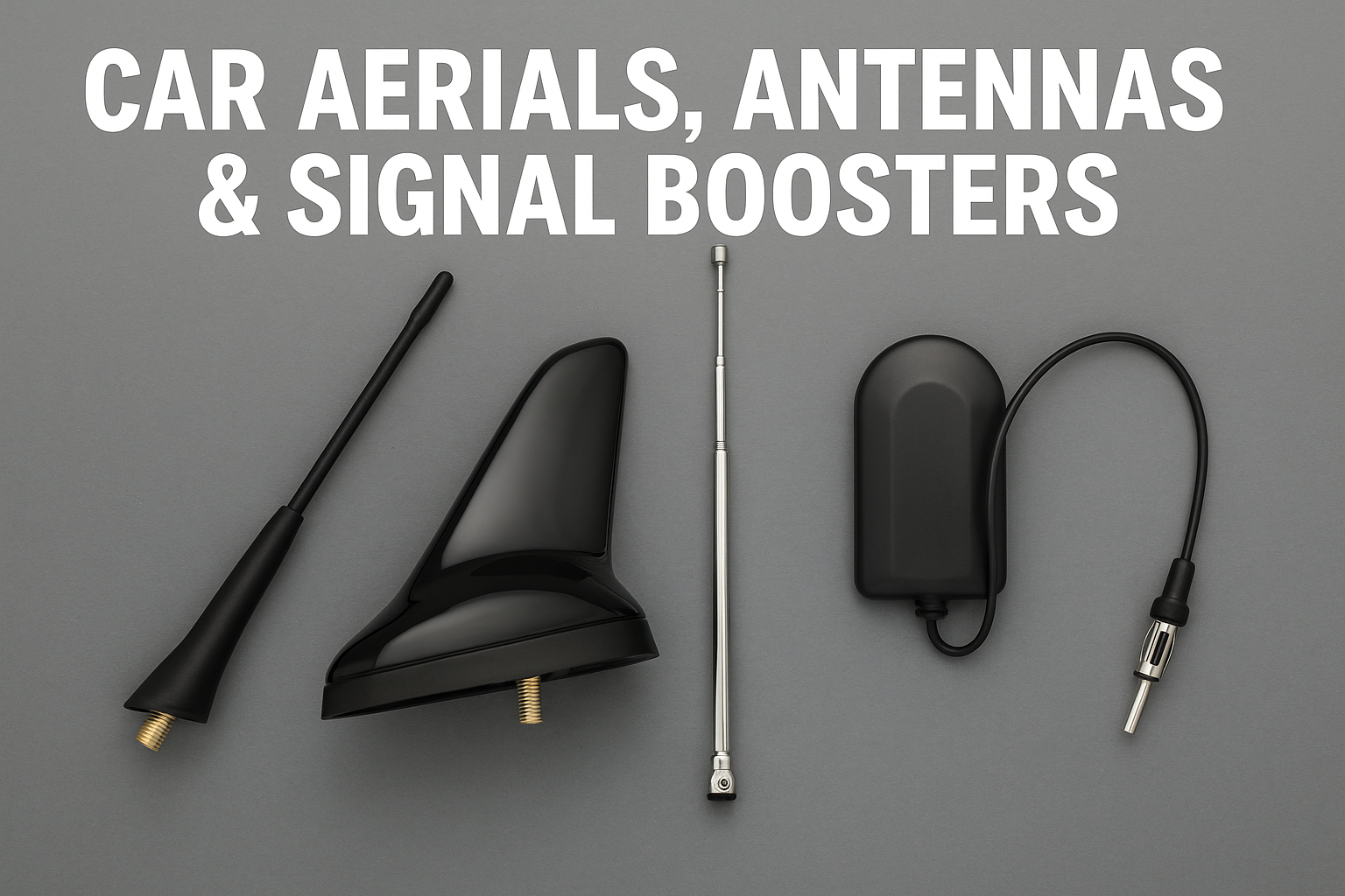 Four distinct car antennas including bee-sting, shark fin, telescopic, and internal signal booster arranged on a gray background with bold title text.