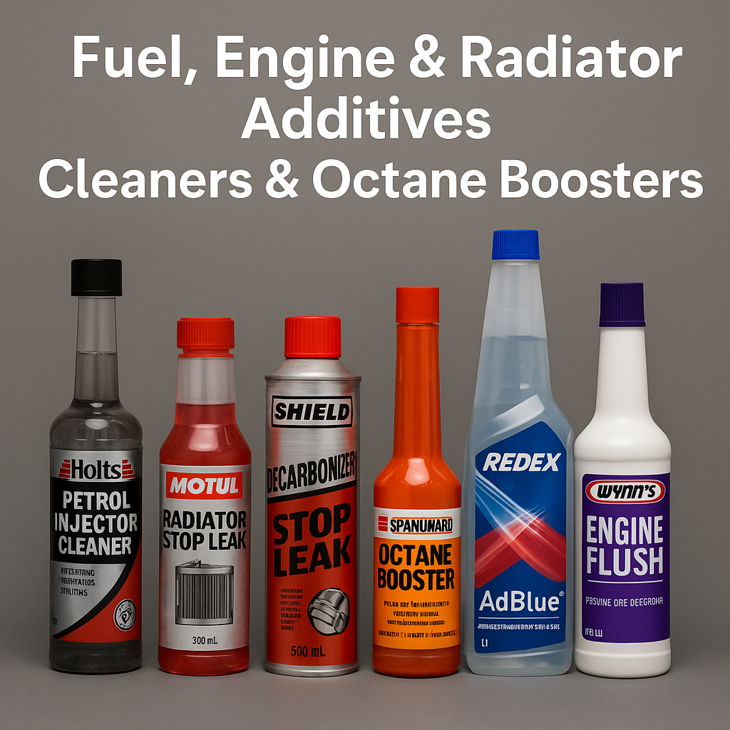 Four car additives including Wynns Engine Flush, Spanjaard Injector Cleaner, Holts Radiator Flush, and Motul Octane Booster displayed on a gray background with bold title text.