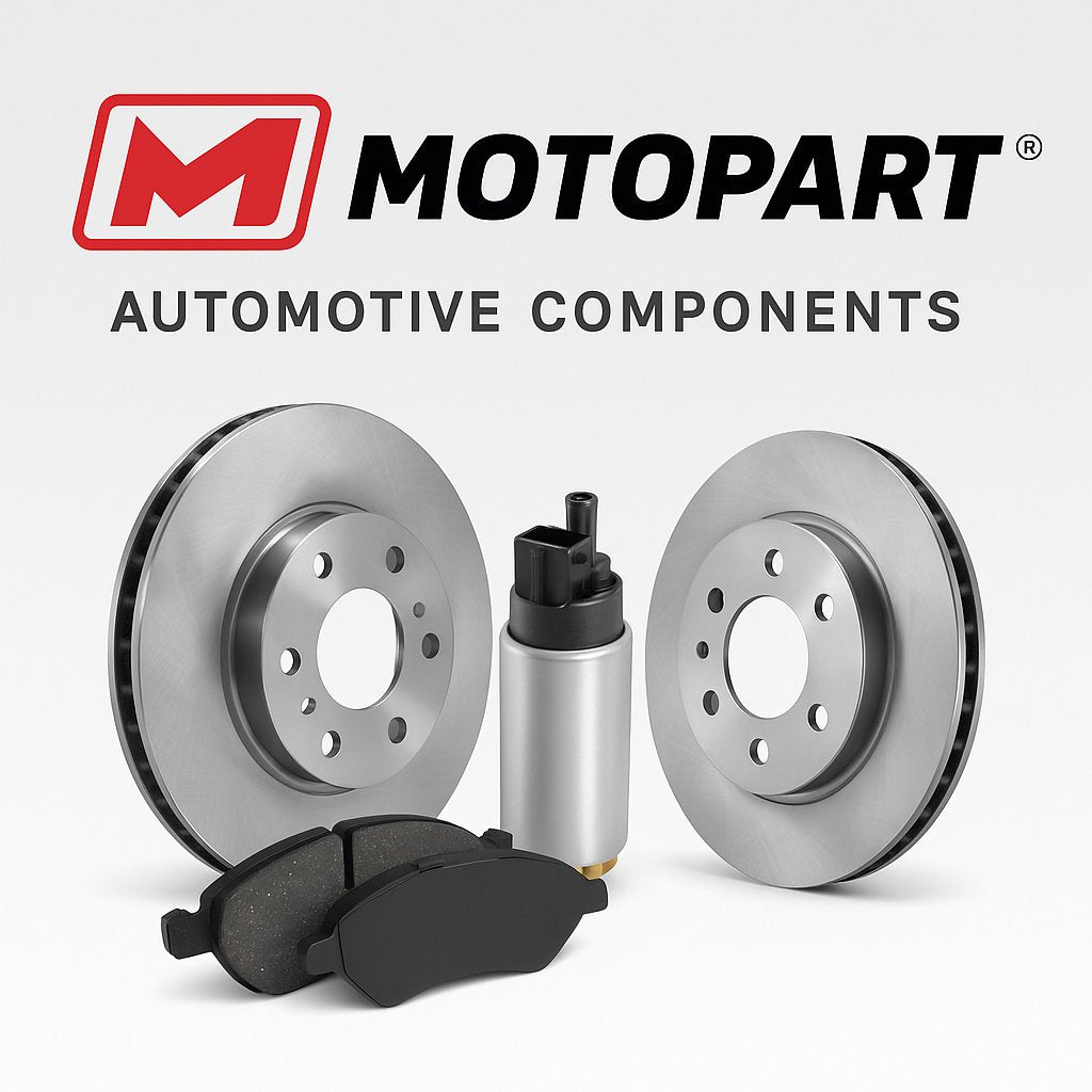 Motopart logo with high-quality car parts including brake discs, fuel pumps, and brake pads in a clean workshop layout – trusted South African brand.