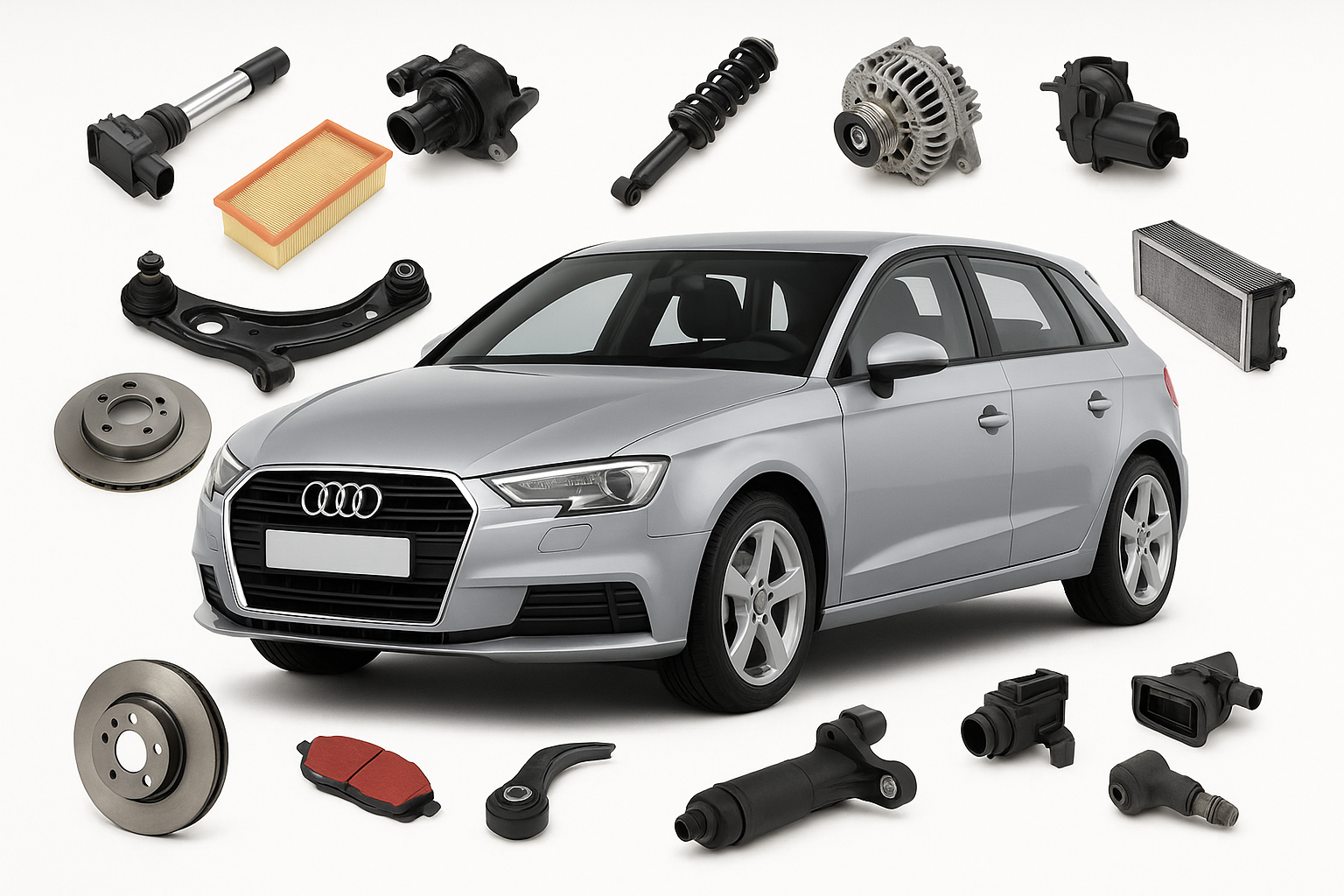 Audi A3 Sportback with coil pack, air filter, brake disc, alternator, and engine parts – available at Modern Auto Parts South Africa