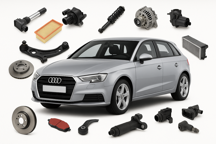 Audi A3 Sportback with coil pack, air filter, brake disc, alternator, and engine parts – available at Modern Auto Parts South Africa