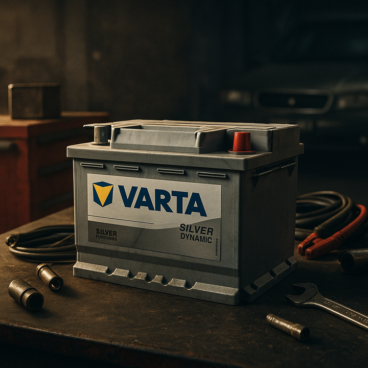 Authentic Willard and Varta car batteries on a white background – Willard with red caps and green label, Varta with silver casing and blue caps.