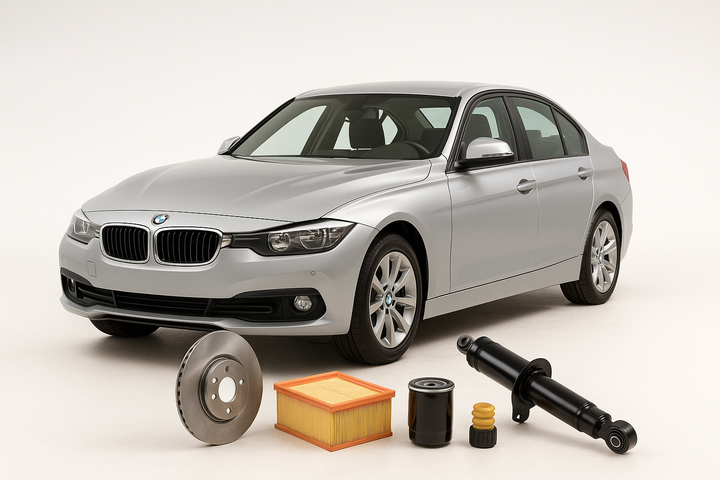 BMW 3 Series sedan with air filter, brake disc, oil filter, and shock absorber – available at Modern Auto Parts South Africa