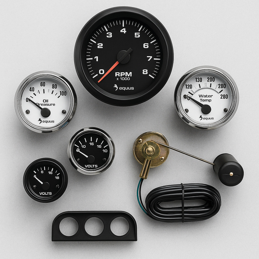 Five Equus automotive gauges including tachometer, voltmeter, oil pressure and water temp, with sender and wiring accessories arranged on gray background.