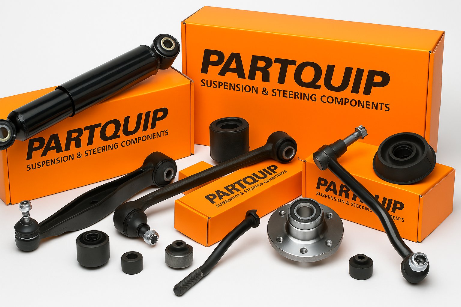 Partquip suspension and steering parts – shock absorbers, control arms, tie rods, rubber mountings, and wheel bearings with orange branded boxes in South Africa