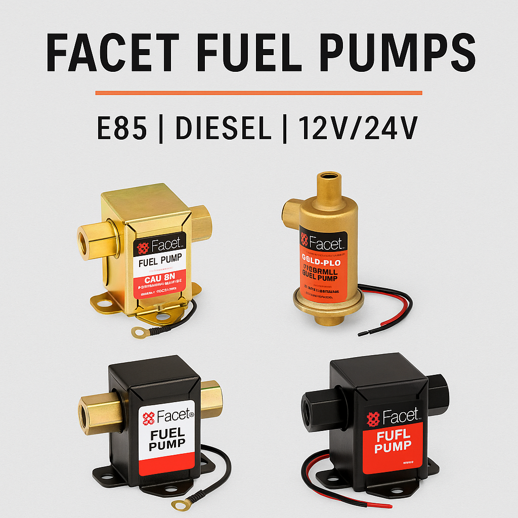 Collection of Facet Electric Fuel Pumps β Cube and Gold-Flo Types β E85, Diesel, 12V/24V Compatible