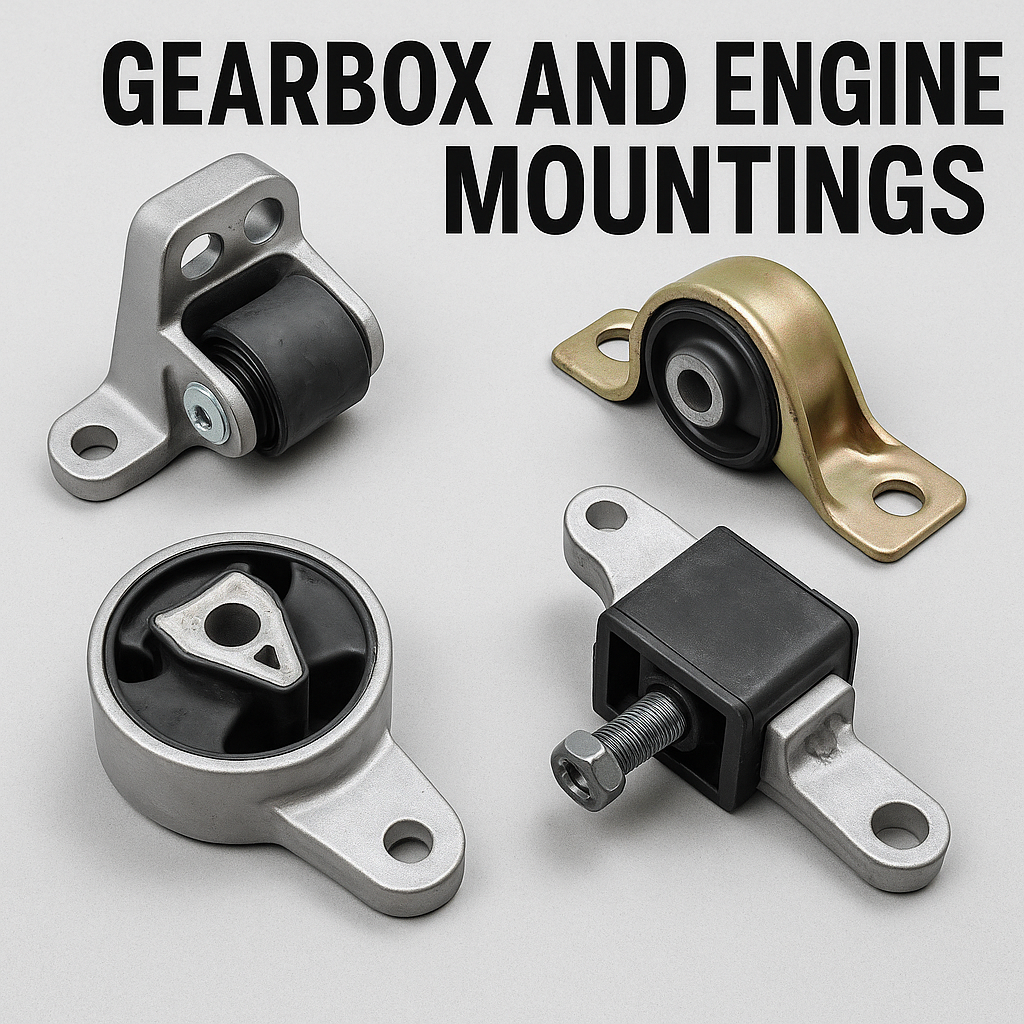 "Engine and gearbox mountings for cars – rubber and metal brackets for VW Polo Vivo, Toyota Tazz, Hyundai Getz, and Ford Fiesta displayed on a light gray background"