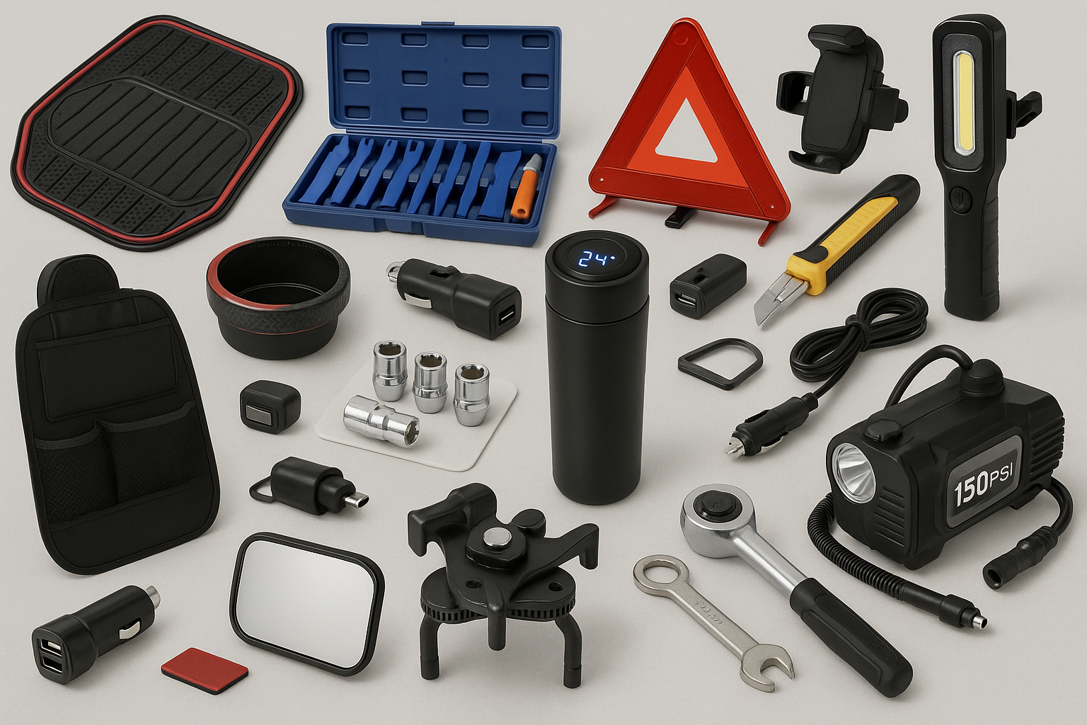 Autogear car accessories including phone holders, floor mats, utility tools, air compressor, blind spot mirrors, and USB chargers for vehicles in South Africa