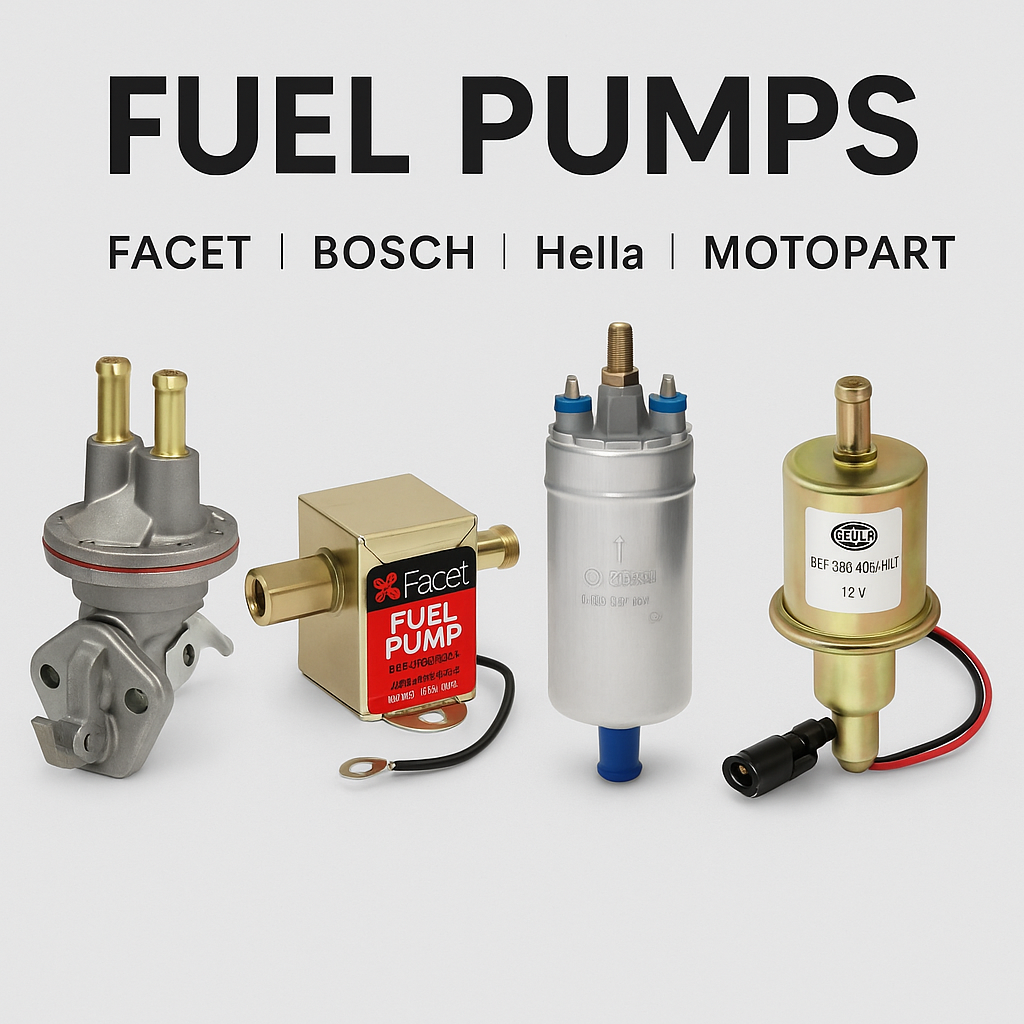 Fuel Pumps Collection – Mechanical, Cube, In-Tank, and Inline Pumps from Facet, Bosch, Hella, and Motopart on Light Gray Background