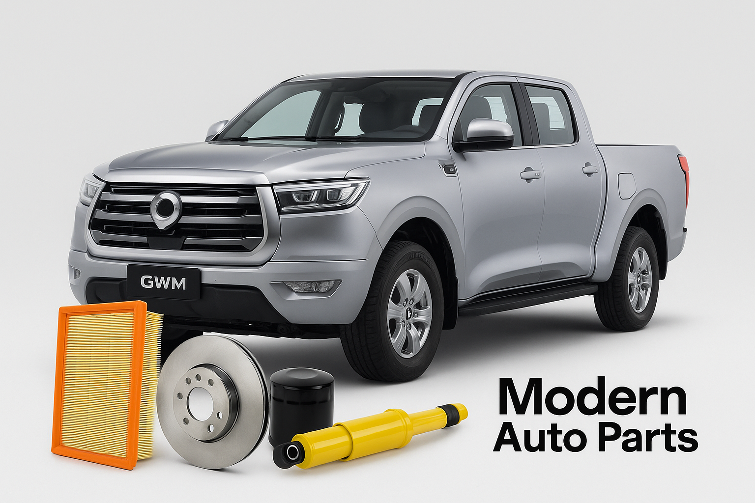 GWM P-Series bakkie with air filter, oil filter, brake disc, and shock absorber – available at Modern Auto Parts South Africa