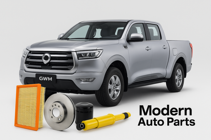 GWM P-Series bakkie with air filter, oil filter, brake disc, and shock absorber – available at Modern Auto Parts South Africa