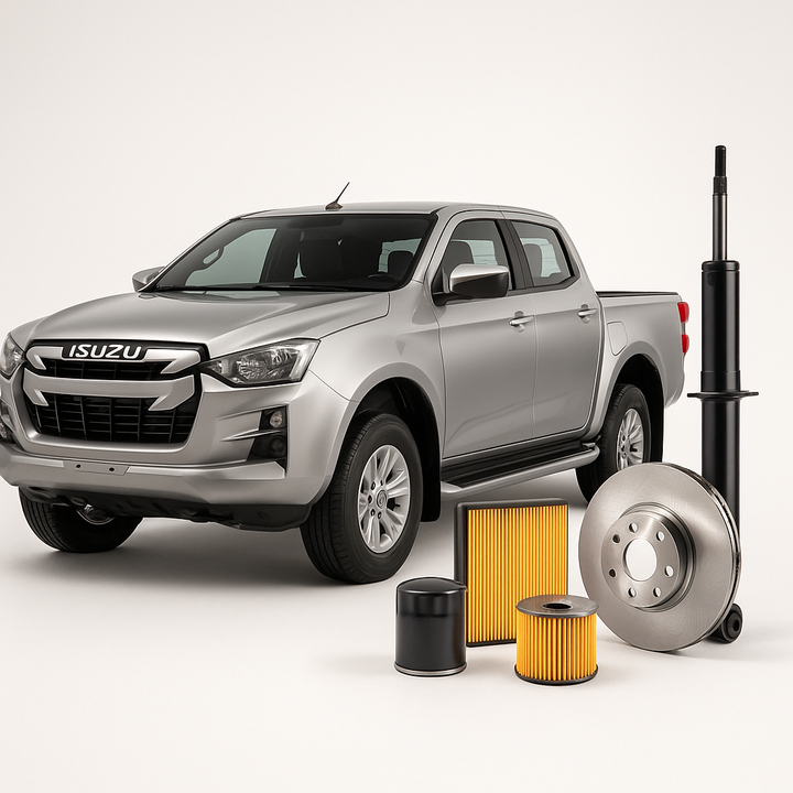 Isuzu D-Max bakkie with air filter, brake disc, oil filter, and shock absorber – available at Modern Auto Parts South Africa