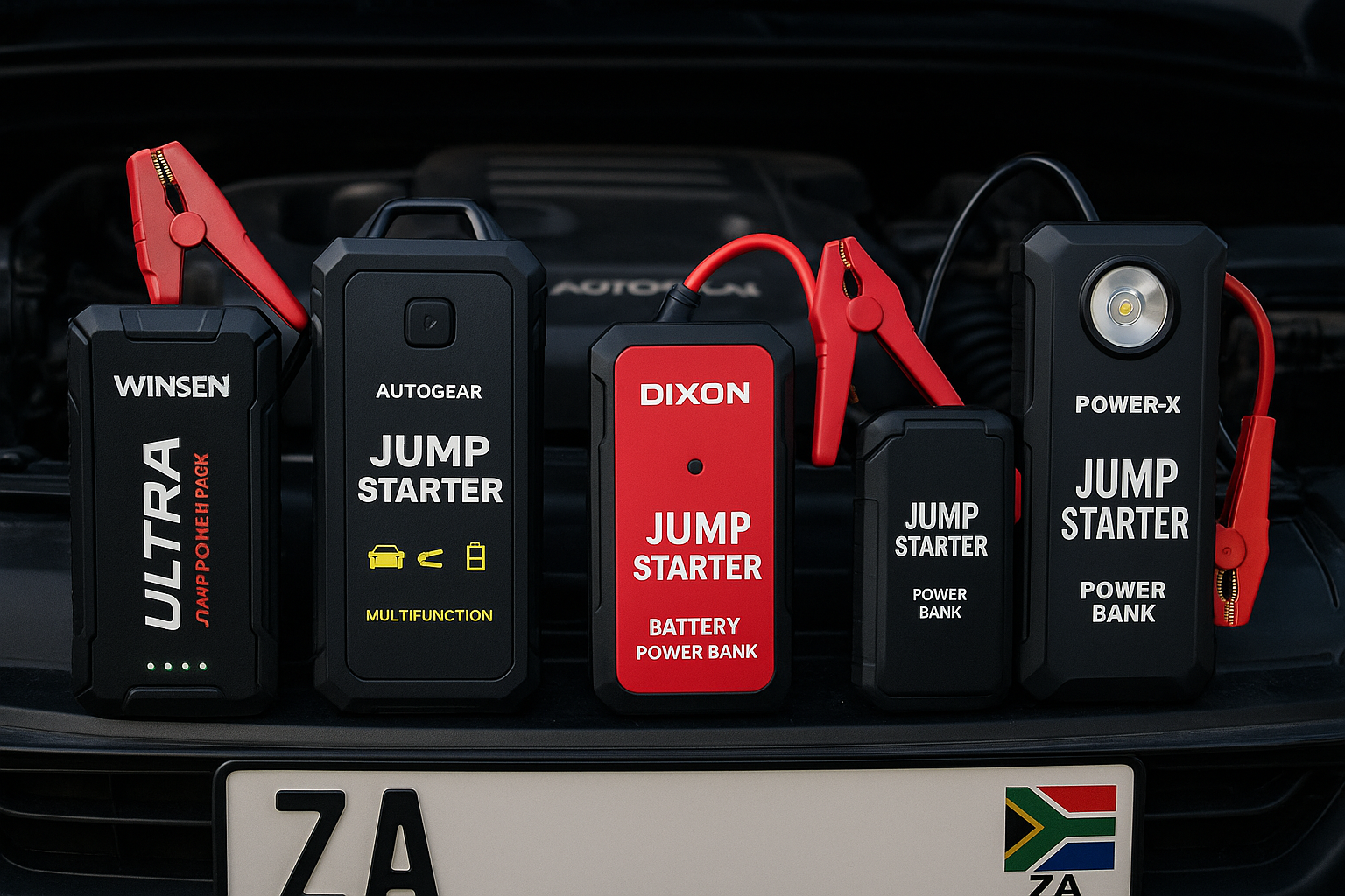 Jump starters for cars and bakkies in South Africa – portable battery boosters including Winsen, Dixon, AutoGear, and Power-X models with clamps