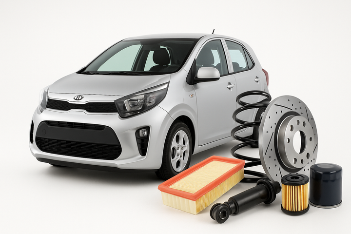 Kia Picanto with air filter, brake disc, oil filter, coil spring, and shock absorber – available at Modern Auto Parts South Africa