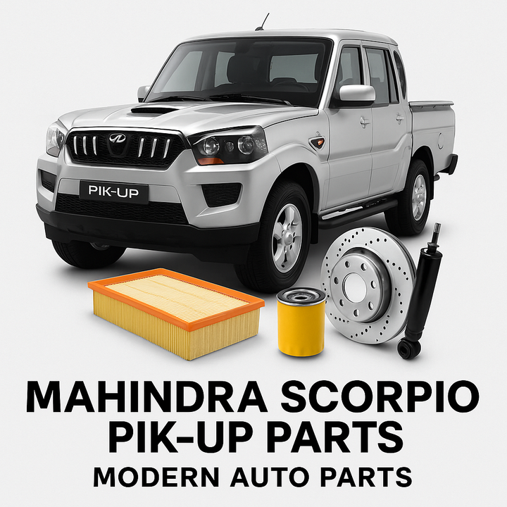 Mahindra Scorpio Pik-Up with air filter, oil filter, brake disc, and shock absorber – available at Modern Auto Parts South Africa