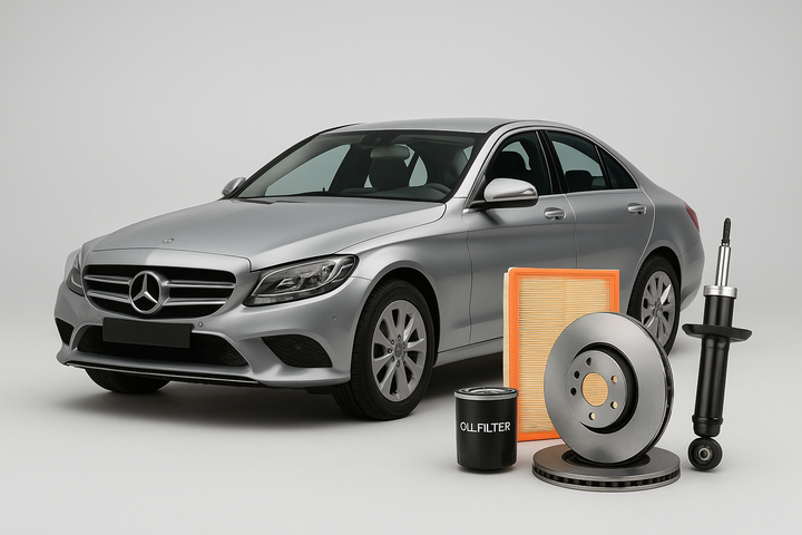 Mercedes-Benz C-Class sedan with air filter, brake disc, oil filter, and shock absorber – available at Modern Auto Parts South Africa