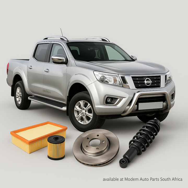 Nissan Navara double cab with air filter, oil filter, brake disc, and shock absorber – available at Modern Auto Parts South Africa