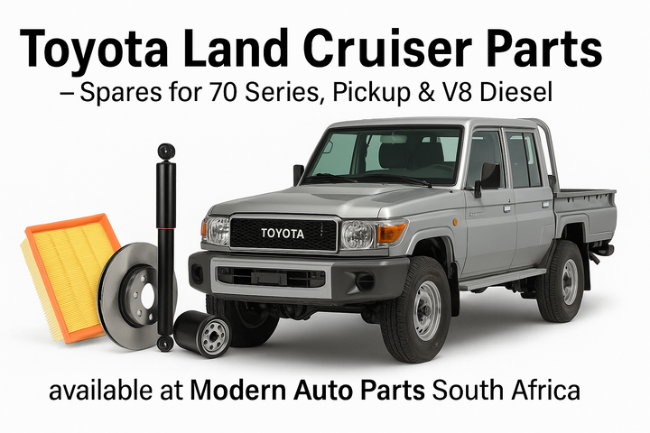 Toyota Land Cruiser 70 Series Pickup with air filter, oil filter, brake disc, and shock absorber – available at Modern Auto Parts South Africa