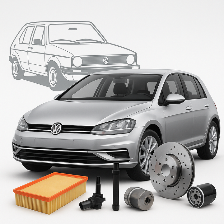 Volkswagen Golf and Citi Golf with brake disc, air filter, ignition coil, and oil filter – available at Modern Auto Parts South Africa