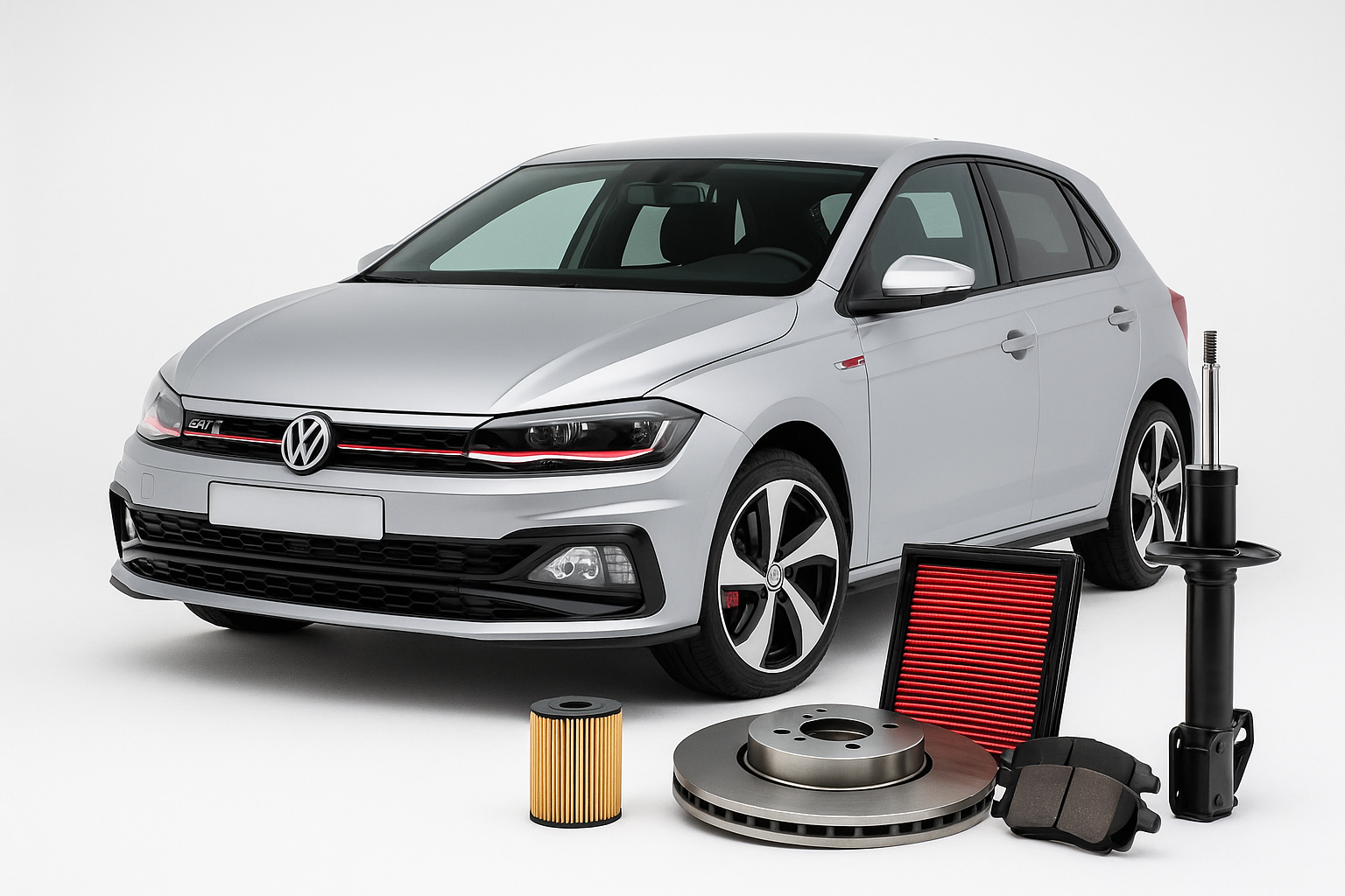 Volkswagen Polo GTI with air filter, brake disc, shock absorber, and oil filter – available at Modern Auto Parts, Cape Town Midas franchise