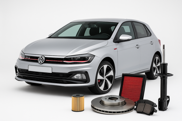 Volkswagen Polo GTI with air filter, brake disc, shock absorber, and oil filter – available at Modern Auto Parts, Cape Town Midas franchise