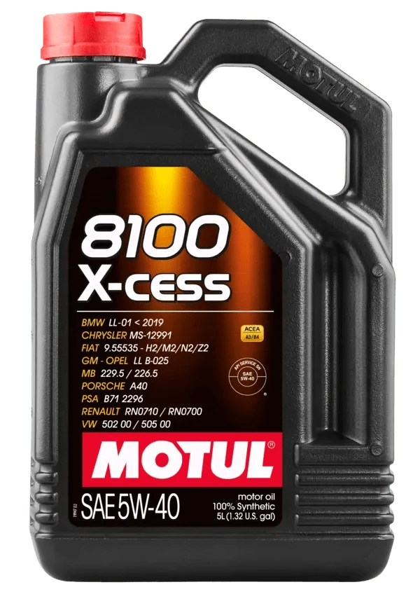 Motul 8100 X-Cess 5W40 5L Engine 102870 oil bottle, high-performance synthetic motor oil designed for fuel efficiency and engine protection.