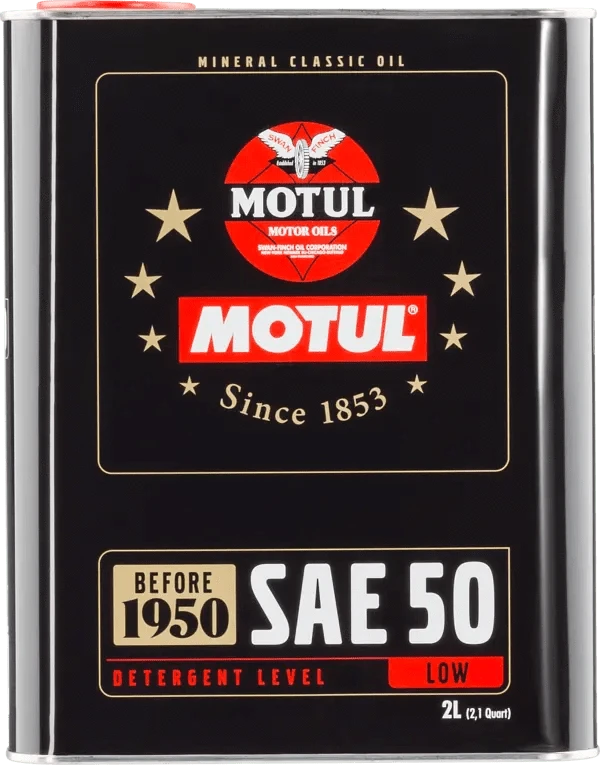 Motul Sae 50 2L (Classic) Engine 104510 oil bottle, high-performance synthetic motor oil designed for fuel efficiency and engine protection.
