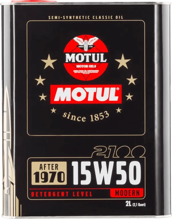 Motul 2100 15W50 2 (Classic) Engine 104512 oil bottle, high-performance synthetic motor oil designed for fuel efficiency and engine protection.