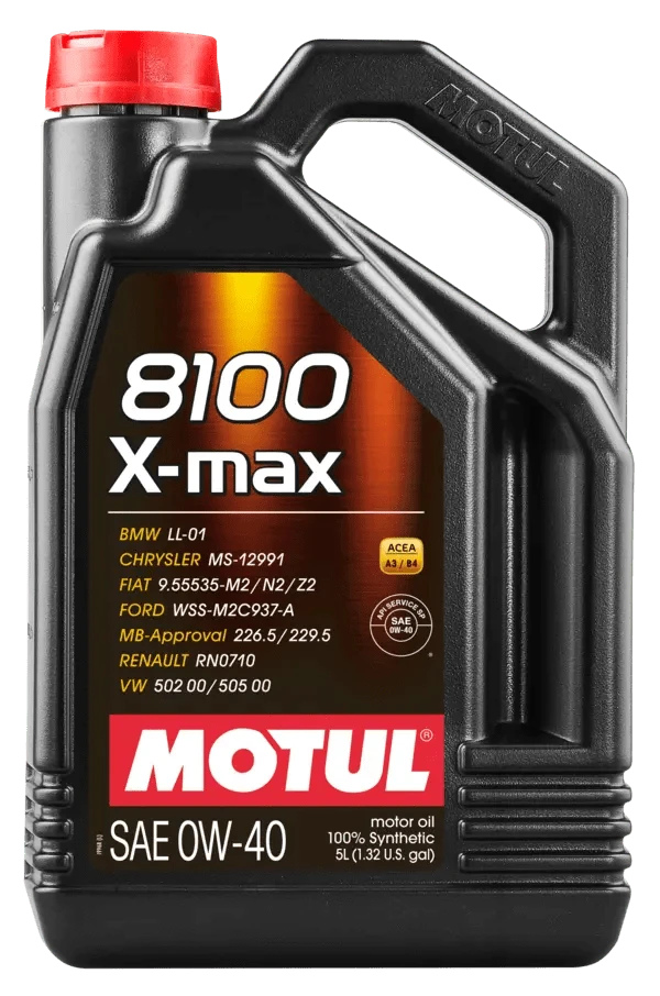Motul 8100 X-Max 0W40 5L Engine 104533 oil bottle, high-performance synthetic motor oil designed for fuel efficiency and engine protection.