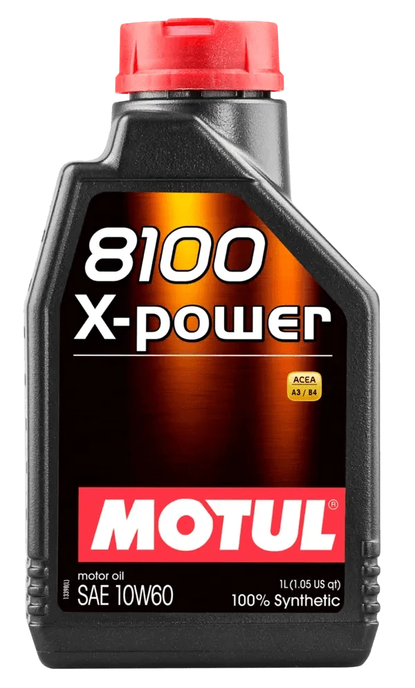 Motul 8100 X-Power 10W60 1L Engine 106142 oil bottle, high-performance synthetic motor oil designed for fuel efficiency and engine protection.