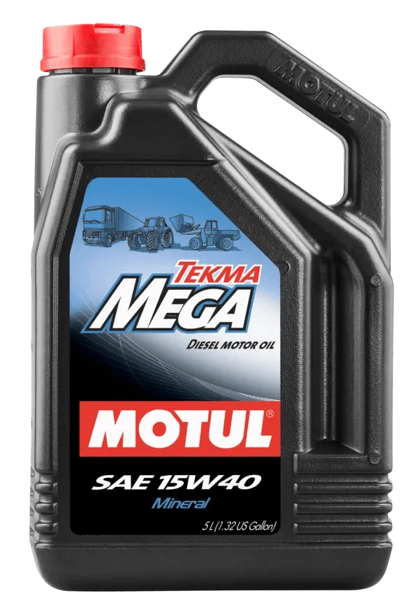 Motul Tekma Mega 15W40 5L Engine 106371 oil bottle, high-performance synthetic motor oil designed for fuel efficiency and engine protection.