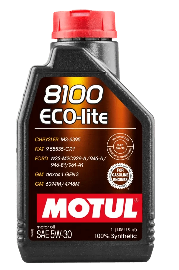 Motul 8100 Eco-Lite 5W30 1L Engine 108212 oil bottle, high-performance synthetic motor oil designed for fuel efficiency and engine protection.