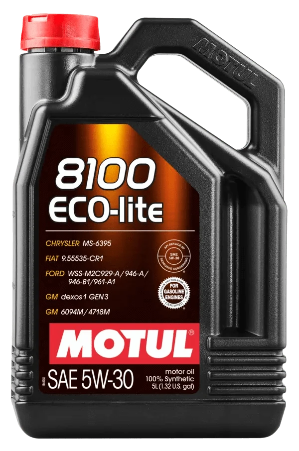 Motul 8100 Eco-Lite 5W30 5L Engine 108214 oil bottle, high-performance synthetic motor oil designed for fuel efficiency and engine protection.