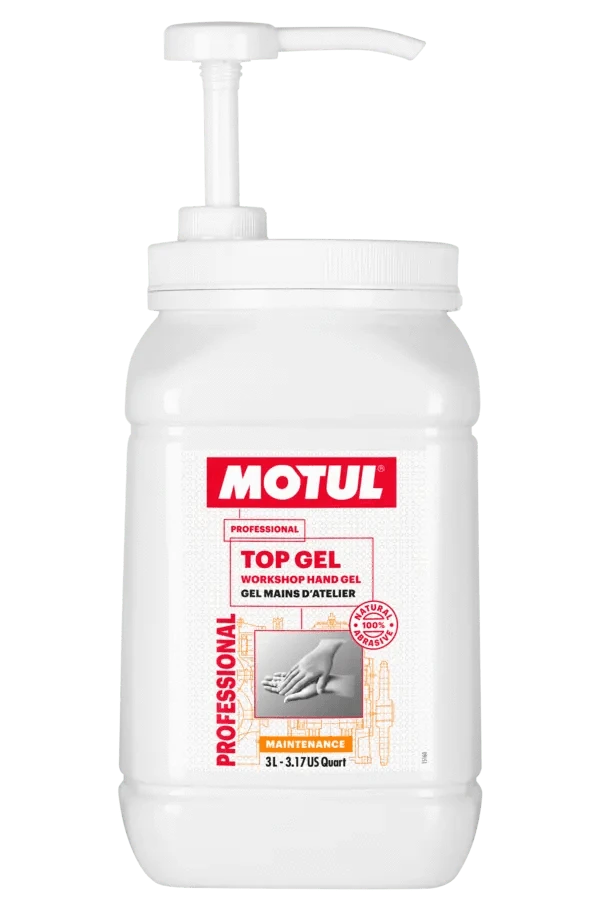 Motul Top Gel 3L Workshop 108728 oil bottle, high-performance synthetic motor oil designed for fuel efficiency and engine protection.