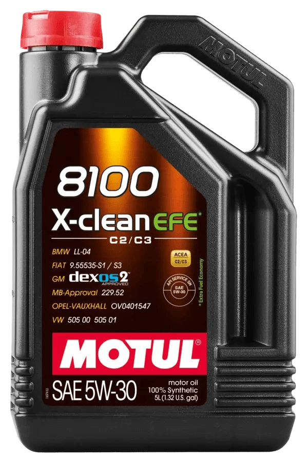 Motul 8100 X Clean Efe 5W30 5L Engine 109471 oil bottle, high-performance synthetic motor oil designed for fuel efficiency and engine protection.