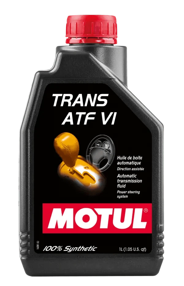 Motul Trans Atf Vi 1L Gear And Transmission 109771 oil bottle, high-performance synthetic motor oil designed for fuel efficiency and engine protection.