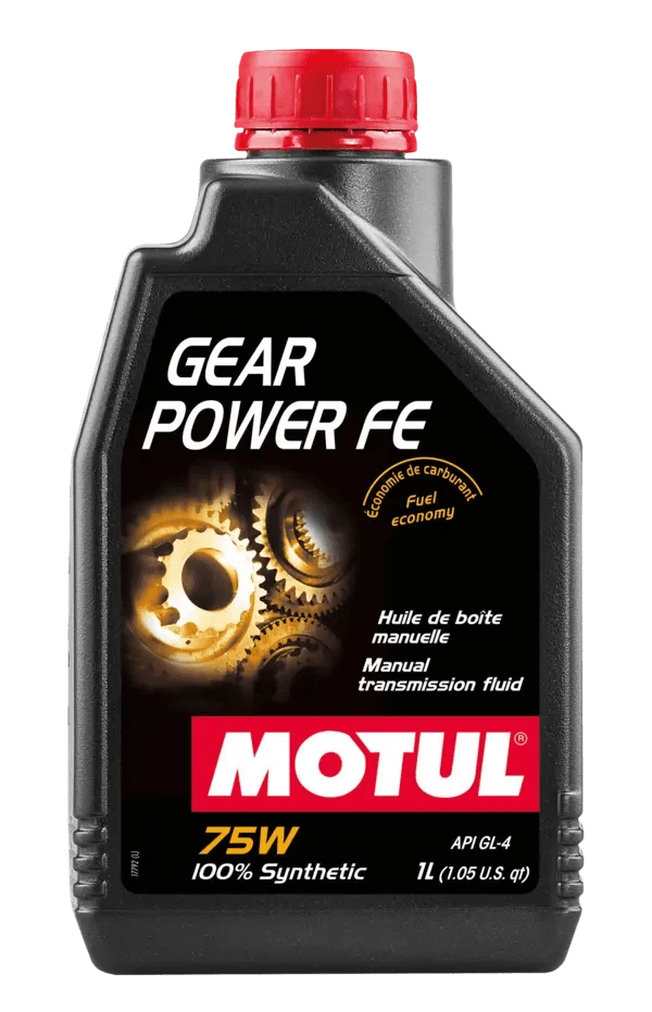 Motul Gear Power Fe 75W 1L Gear And Transmission 111148 oil bottle, high-performance synthetic motor oil designed for fuel efficiency and engine protection.