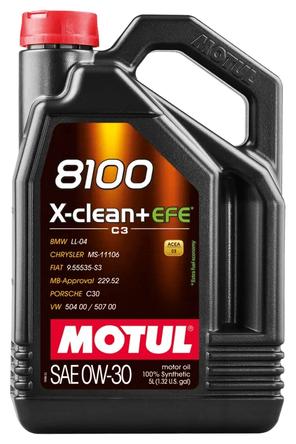 Motul 8100 X Clean + Efe 0W30 5L Engine 111678 oil bottle, high-performance synthetic motor oil designed for fuel efficiency and engine protection.