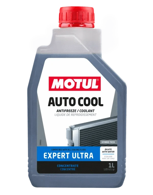 Motul Autocool Expert Ultra 1L Coolant* 111759 oil bottle, high-performance synthetic motor oil designed for fuel efficiency and engine protection.