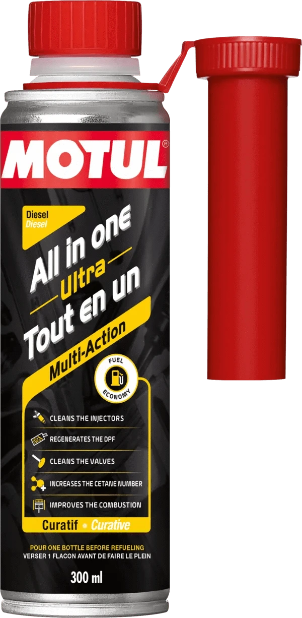 Motul All In One Ultra Diesel 300ml Efs Additive 112132 oil bottle, high-performance synthetic motor oil designed for fuel efficiency and engine protection.