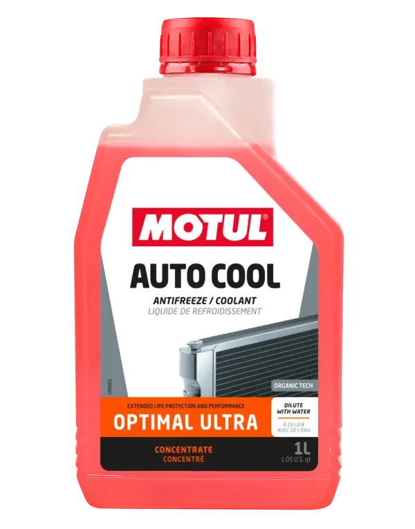 Motul Autocool Optimal Ultra 1L Coolant* 112629 oil bottle, high-performance synthetic motor oil designed for fuel efficiency and engine protection.