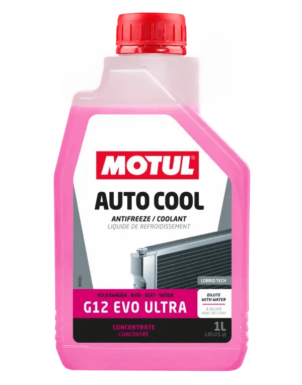 Motul Autocool G12 Evo -37 Ultra 1L Coolant* 112643 oil bottle, high-performance synthetic motor oil designed for fuel efficiency and engine protection.
