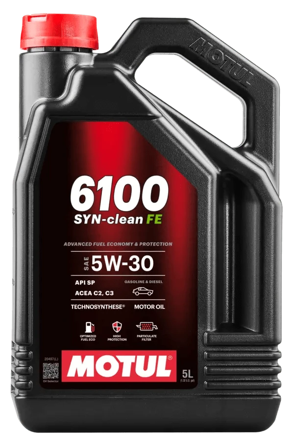 Motul 6100 Syn-Clean Fe 5W-30 5L Engine 112921 oil bottle, high-performance synthetic motor oil designed for fuel efficiency and engine protection.