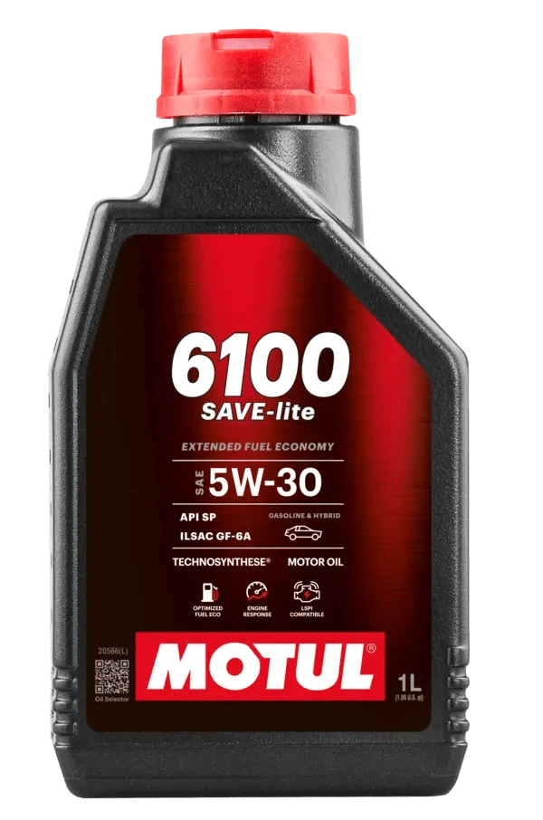 Motul 6100 Save-Lite 5W-30 1L Engine 112967 oil bottle, high-performance synthetic motor oil designed for fuel efficiency and engine protection.