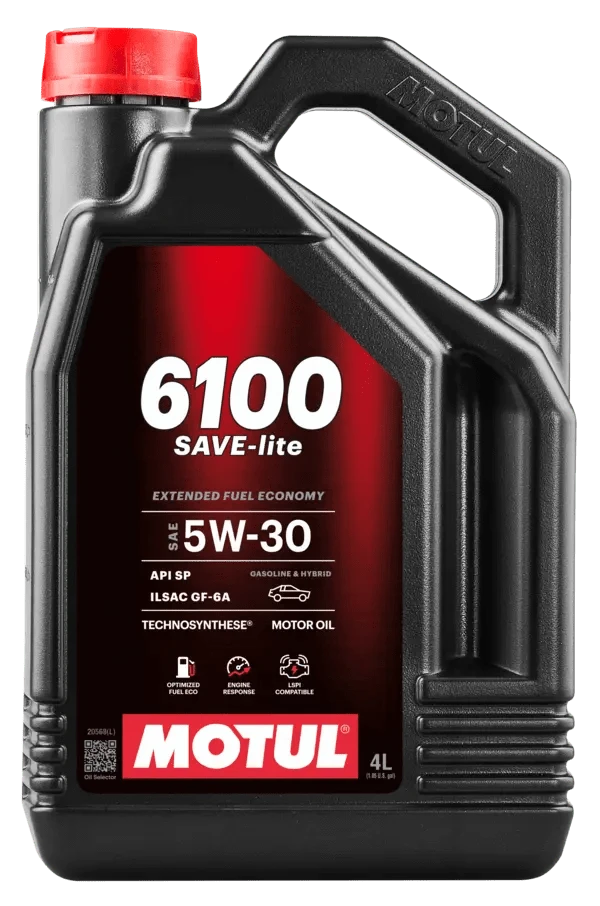 Motul 6100 Save-Lite 5W-30 4L Engine 112998 oil bottle, high-performance synthetic motor oil designed for fuel efficiency and engine protection.