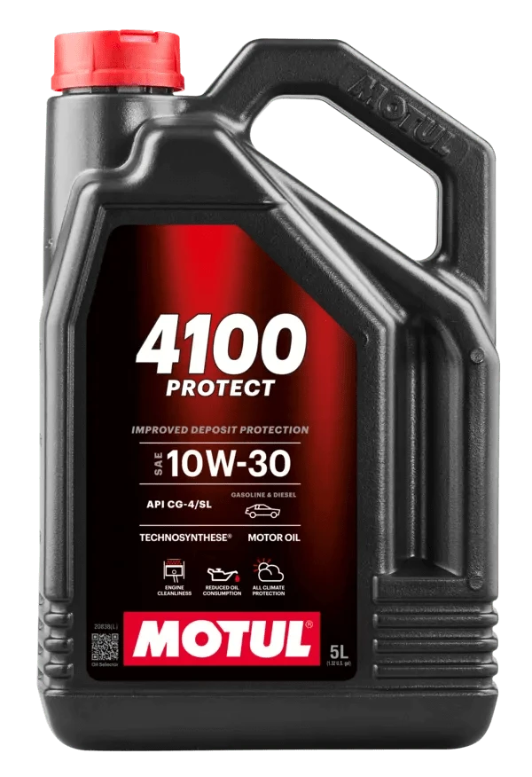 Motul 4100 Protect 10W30 5L Engine 113142 oil bottle, high-performance synthetic motor oil designed for fuel efficiency and engine protection.