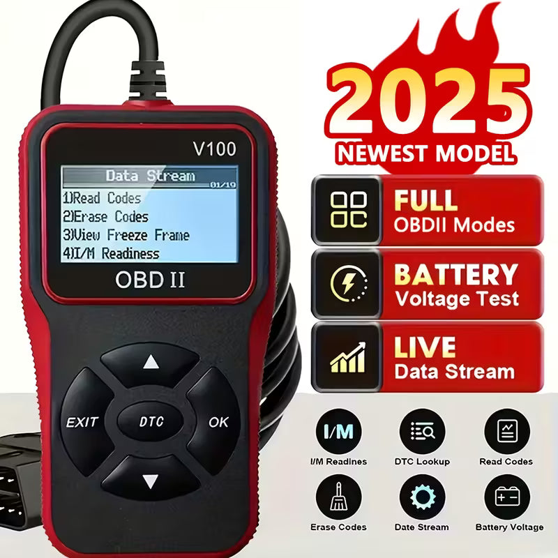 OBD2 Diagnostic Scanner Engine Code Reader With Live Data I/M Readiness And Battery Voltage Test Vehicles 1996- Black Red OBDDIAG